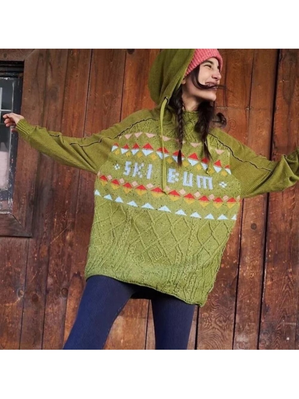 Free People Ski Bum Green Cable Knit Hooded Sweater Size Small Oversized